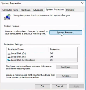 System Properties, System Restore Windows 10